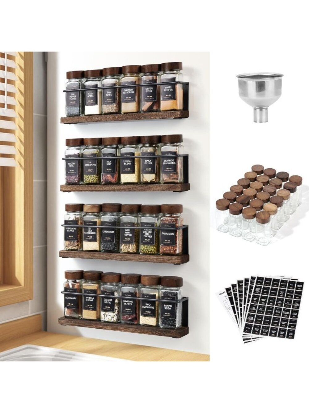 Magnetic Spice Rack Set with 24 Jars, 216 Labels & Funnel - Kitchen Organizer